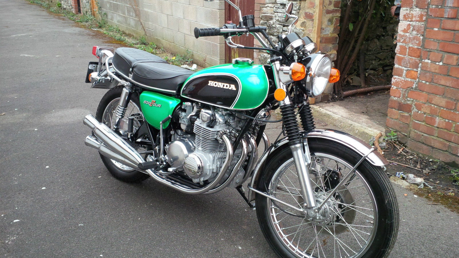 Honda CB500 Four - 1972 - Right Side View, Wheels, Brakes and Tyres, Forks, Frame, Headlight, Clocks, Mirrors, Exhausts and Kick Start.