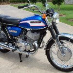 Suzuki T500 - 1973 - Right Side View, Mufflers, Exhaust, Stand and Flashers.